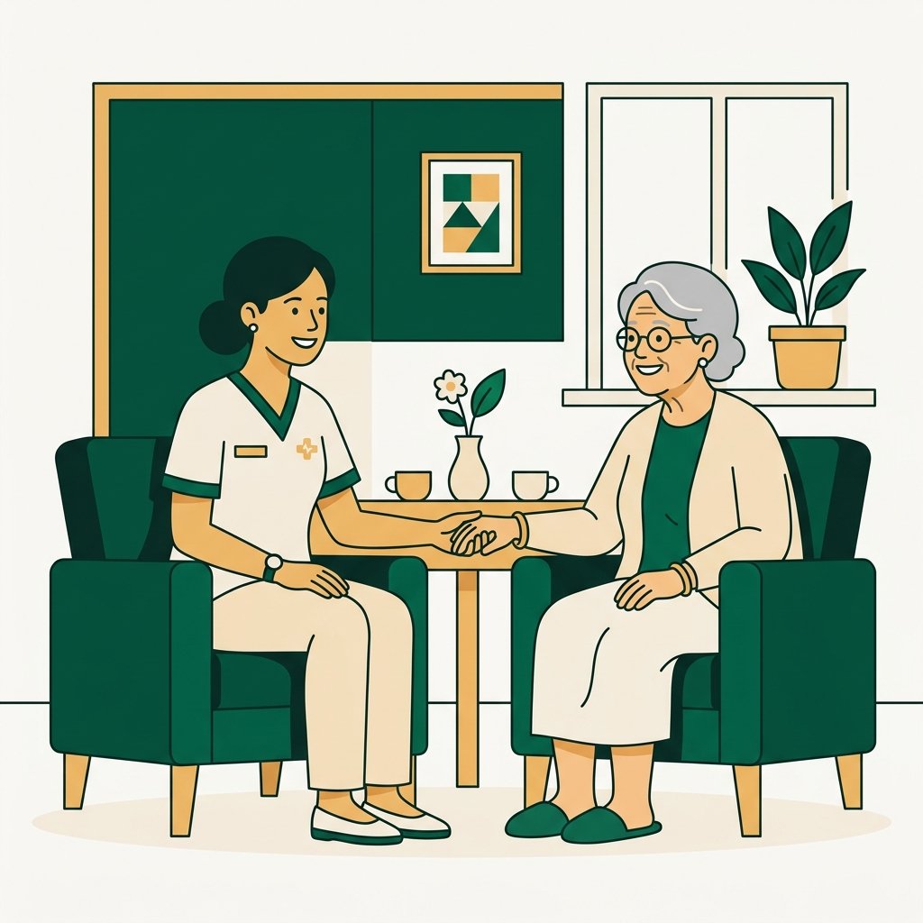 Friendly caregiver talking to an elderly person illustration