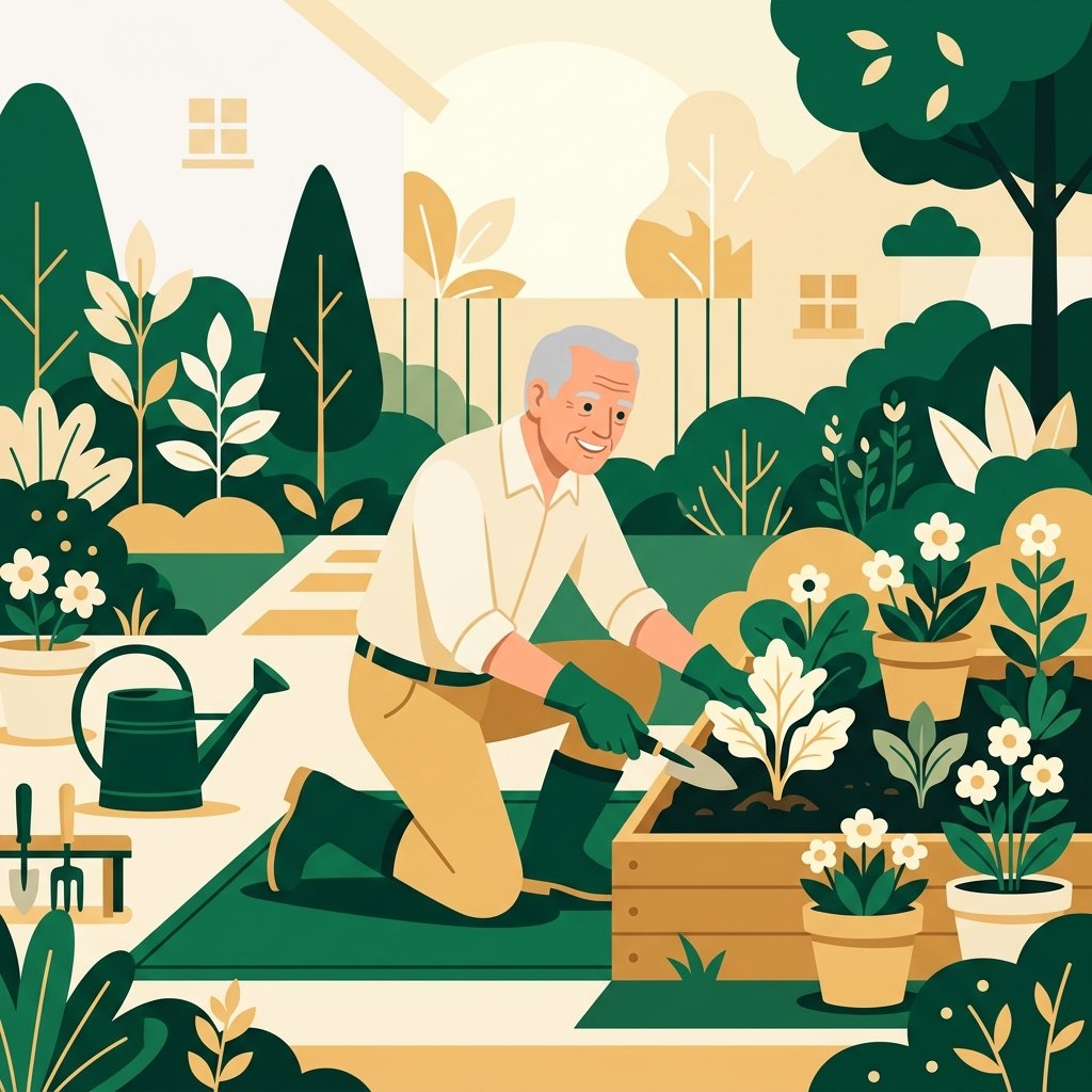 Elderly man gardening illustration